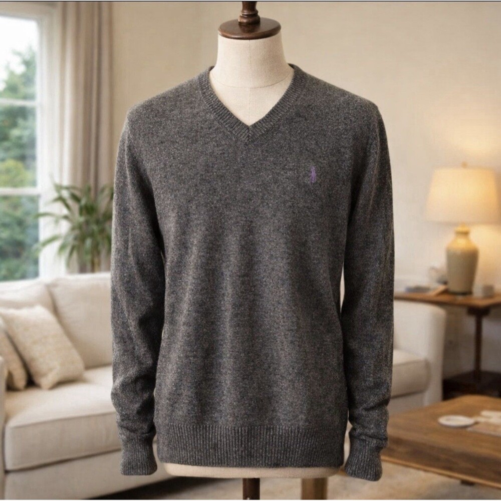 Polo Ralph Lauren 100% Lambswool Gray V-Neck Purple Pony Sweater Men’s Size XL